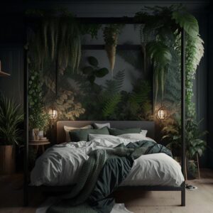 fake foliage in forest inspired bedroom