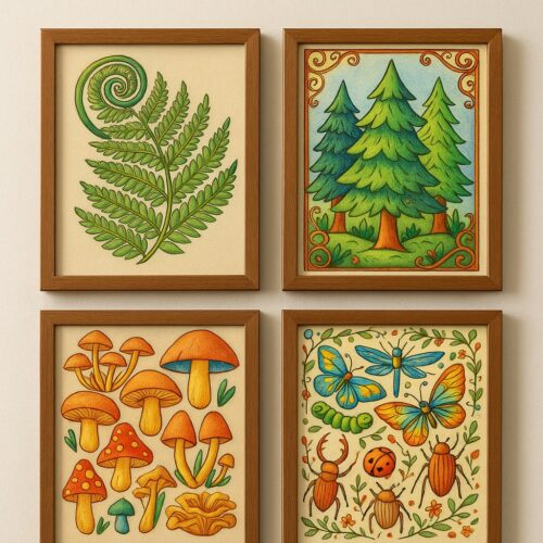 A gallery wall featuring four framed forest-themed coloring pages colored with professional colored pencils, including a green fern, evergreen trees, colorful mushrooms, and woodland insects. The artwork is displayed in matching wooden frames, creating a cozy DIY décor accent for a nature-inspired room.
