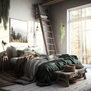wooden ladder in forest-themed bedroom