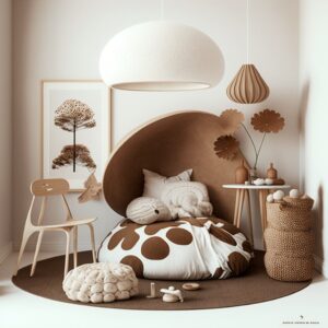 mushroom-themed room natural colors concept, mushroom accents in room, mushroom shapes in room, mushroom inspired room