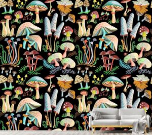 mushroom wallpaper, mushroom themed room