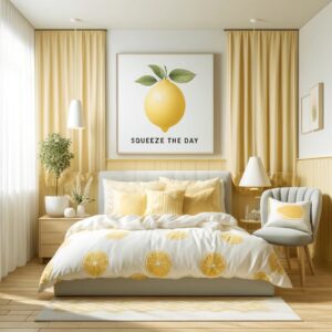 lemon-themed bedroom wall quote, squeeze the day