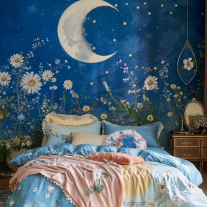 waxing moon bedroom decor, moon inspired bedroom