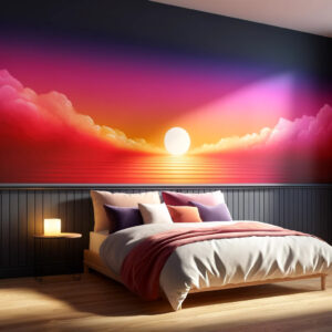 ombre bedroom wall, sunset theme room