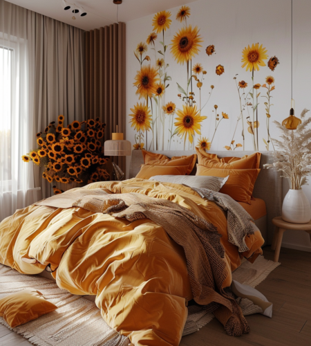 Sunflower-themed bedding, sunflower-themed bedroom ideas
