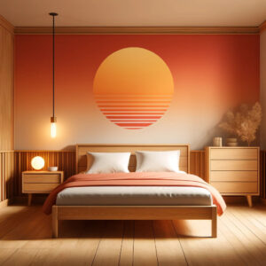 Sunset-themed bedroom, warm tone furniture