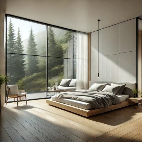 big windows in bedroom, big windows in nature-inspired bedroom