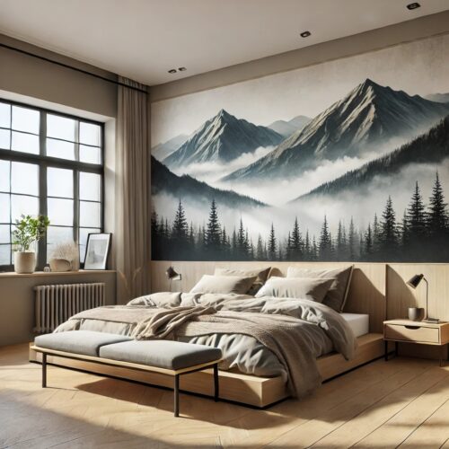 mountain-themed mural, mountain accent wall bedroom